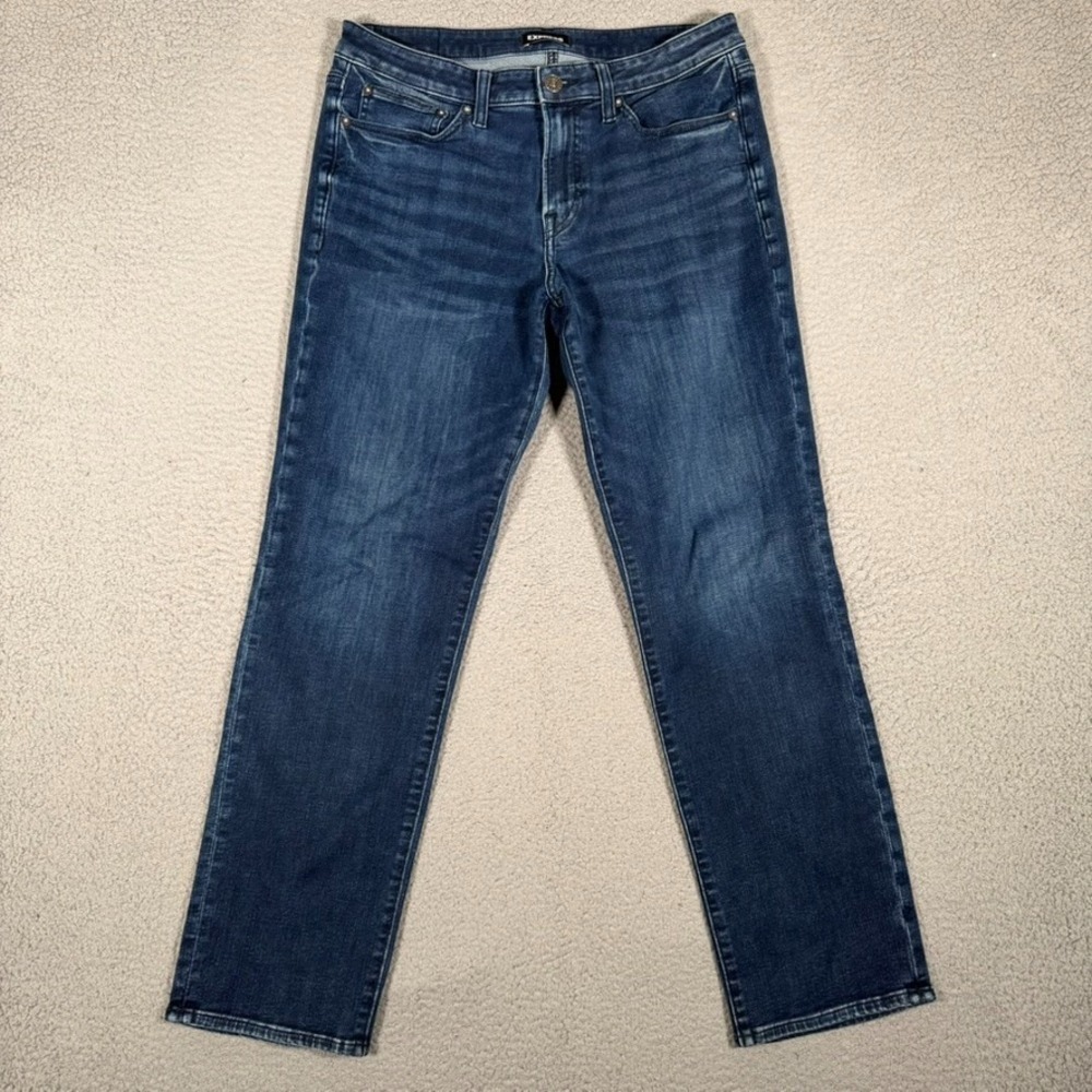 Express Jeans Mens 31x32 Blue Straight FIt 4 Way Stretch Denim Pockets Logo